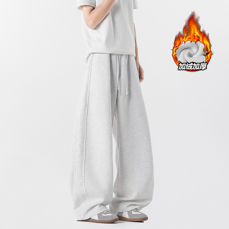 加绒白花灰休闲卫裤男秋冬季垂坠高级感拖地裤cleanfit宽松弯刀裤