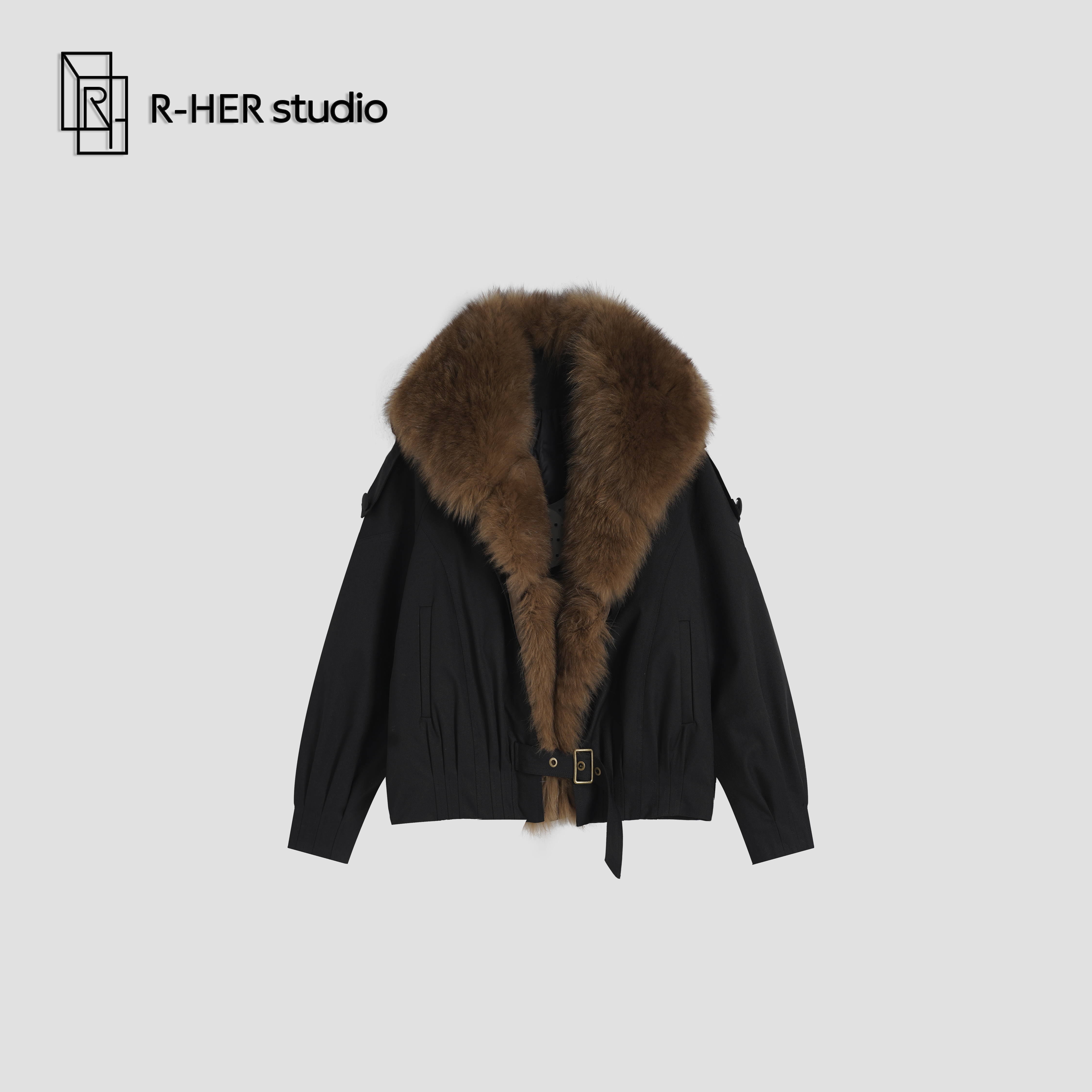 R-HER“初雪”90白鹅绒狐狸毛皮毛领秋冬巴恩风设计保暖外套PL898