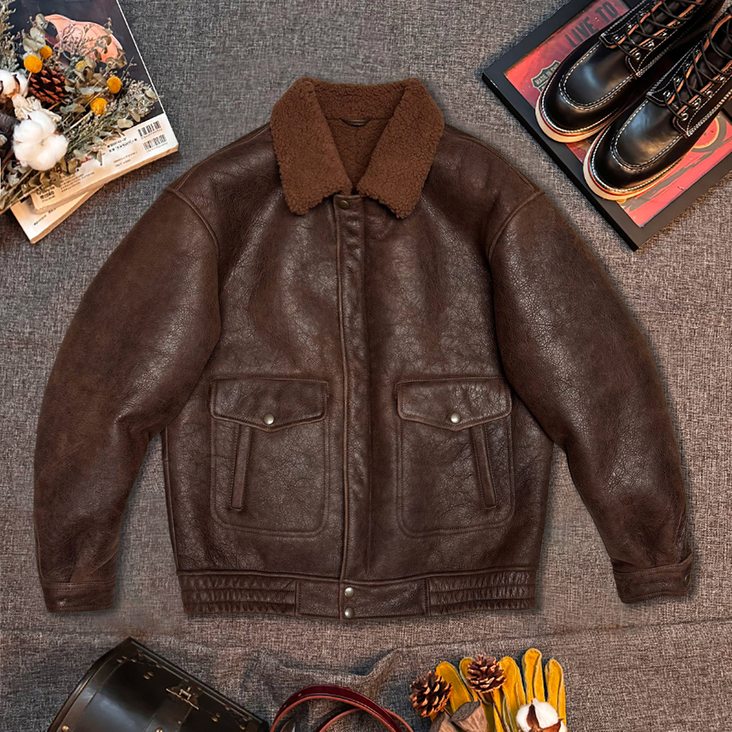 （真皮制品默认微瑕，介意慎拍）美拉德复古原生态羊皮毛一体飞行服