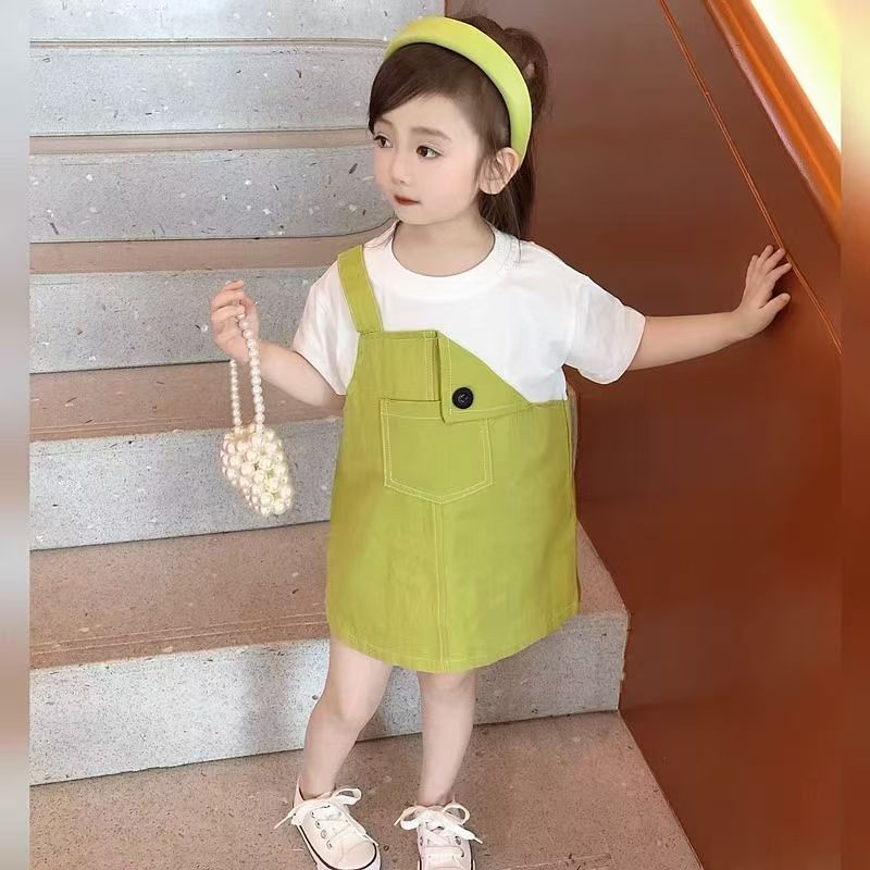 800104童装女童假两件2025夏季新款洋气假两件连衣裙时尚宝宝衣服