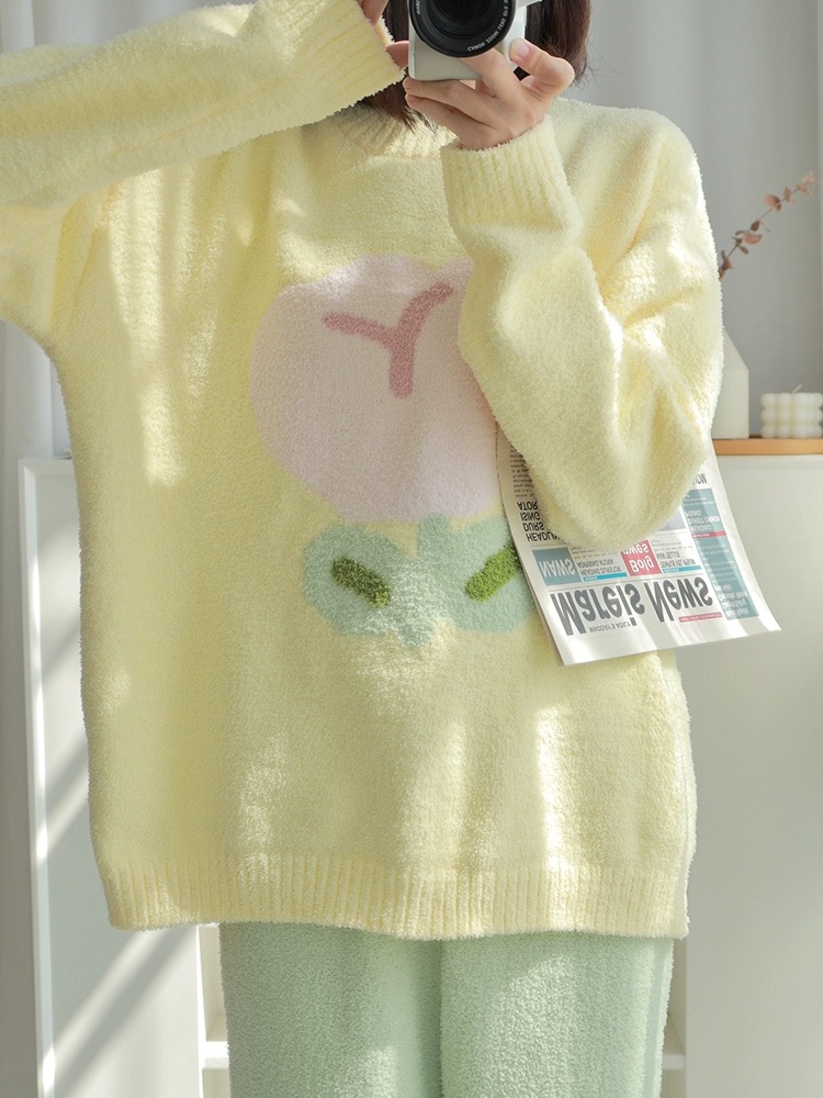 【郁金香】半边绒软绵绵睡衣女秋冬保暖加厚可爱甜美可外穿两件套