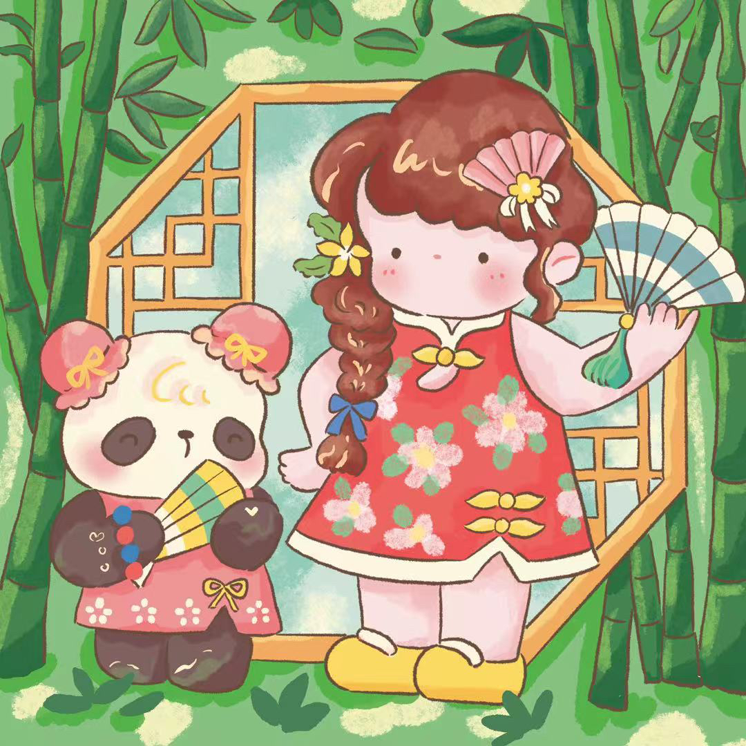 新疆长绒棉布，熊猫竹林女孩60*60大格35色十字绣（精准印花）