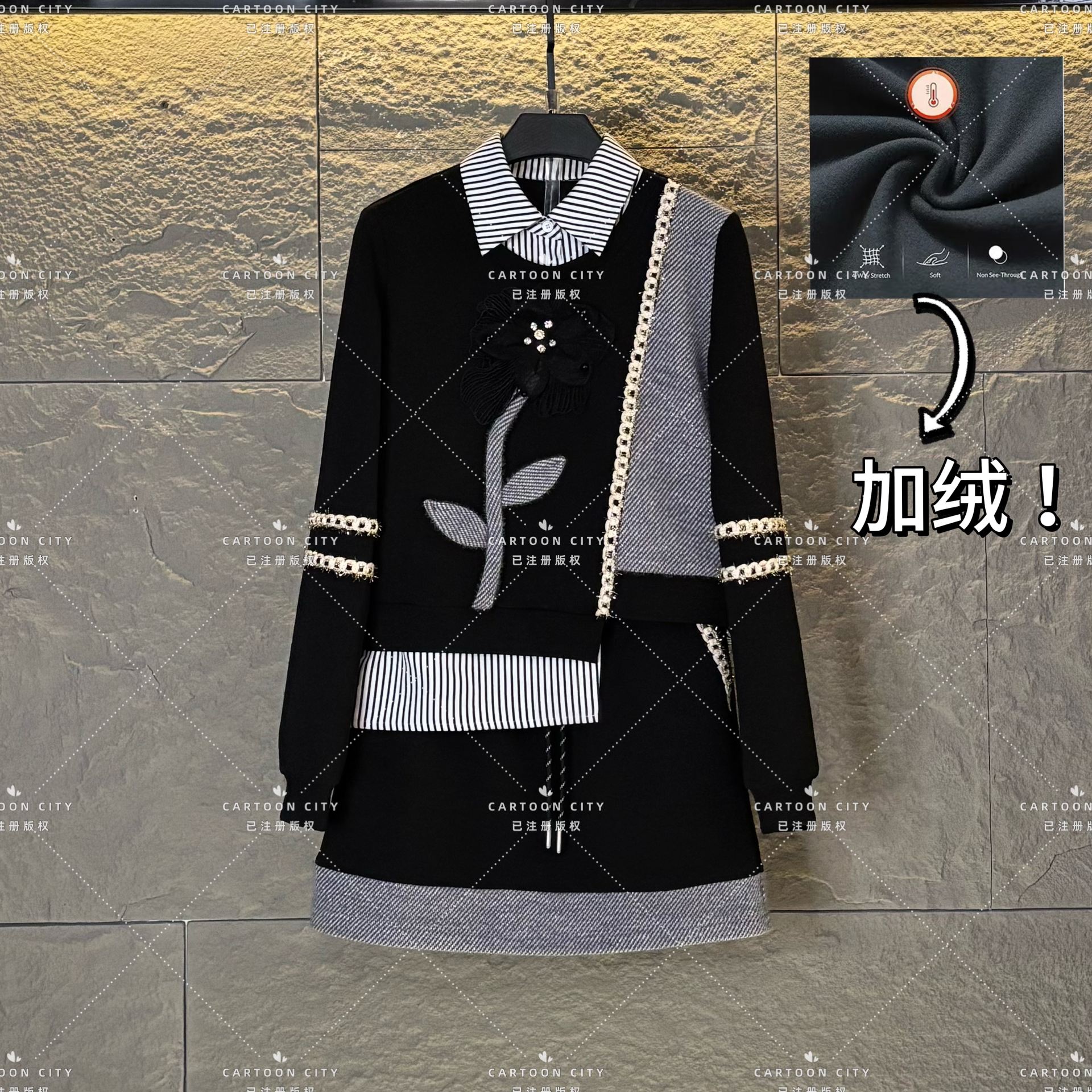 LLVD-B300【加绒】秋季新品<重工系列>长袖卫衣翻领重工套装两件套