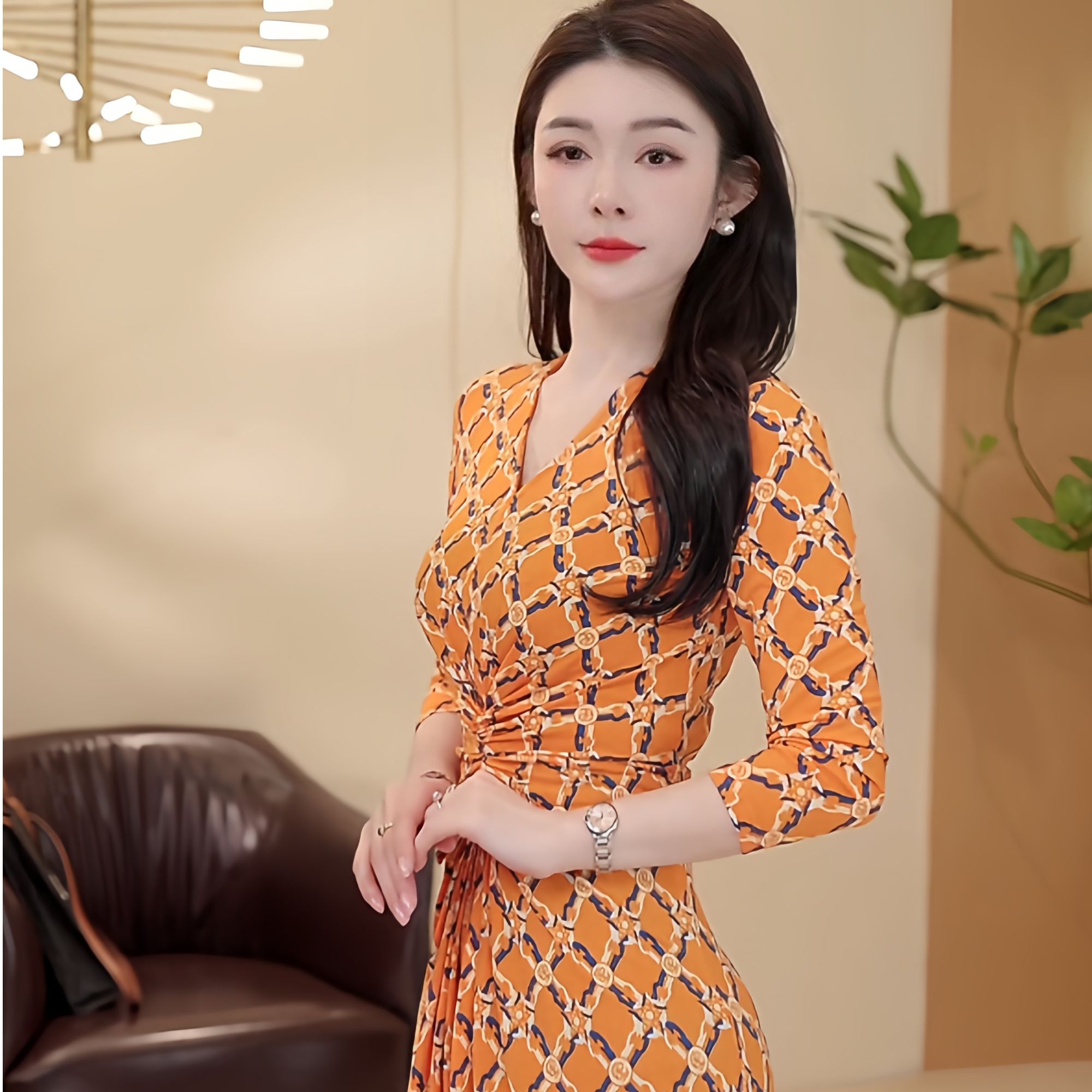 意式高腰连衣裙碎花拼网纱吊带裙秋季长裙碎花显瘦