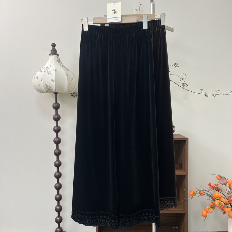 初秋 秋词新中式国风复古提花丝绒裤女款显瘦百搭丝绒直筒裤