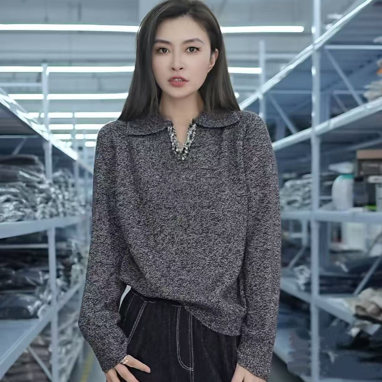 【晴晴精选】冬季新轻奢洋气翻领时尚纯色高级感百搭针织衫A906#