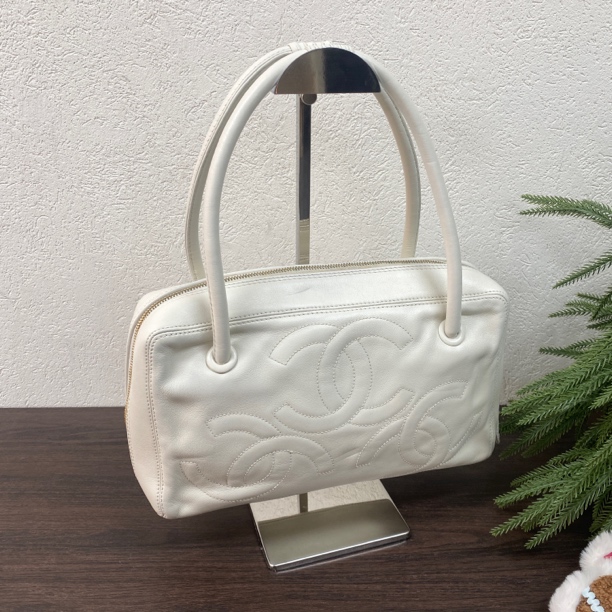 95新 Chanel/香奈儿 荔枝牛皮奶白色双Ｃlogo托特单肩包9开底长28 