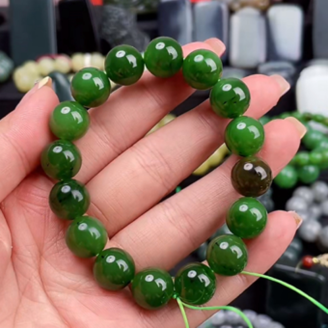 和田玉新疆玉龙喀什河碧玉卡12圆珠16颗菠菜绿