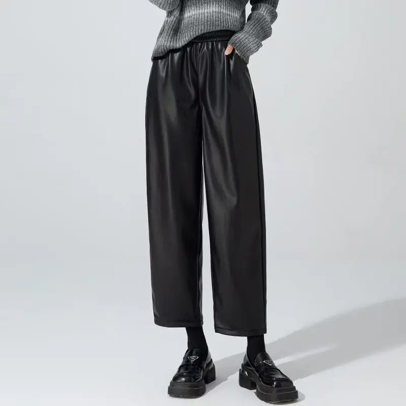 黑色PU皮裤阔腿裤女秋款2025新 款酷飒风高腰休闲直筒显瘦九分裤