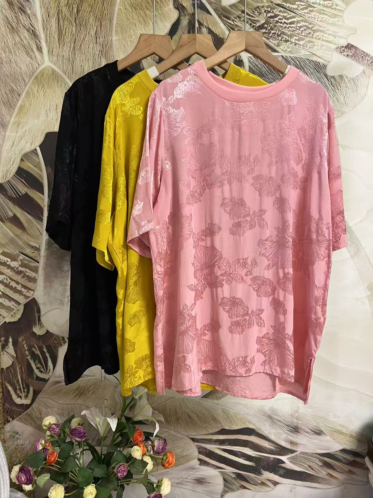 茶沐依夏季短袖荷叶提花 常规夏季宽松型大码衬衫圆领半袖半袖