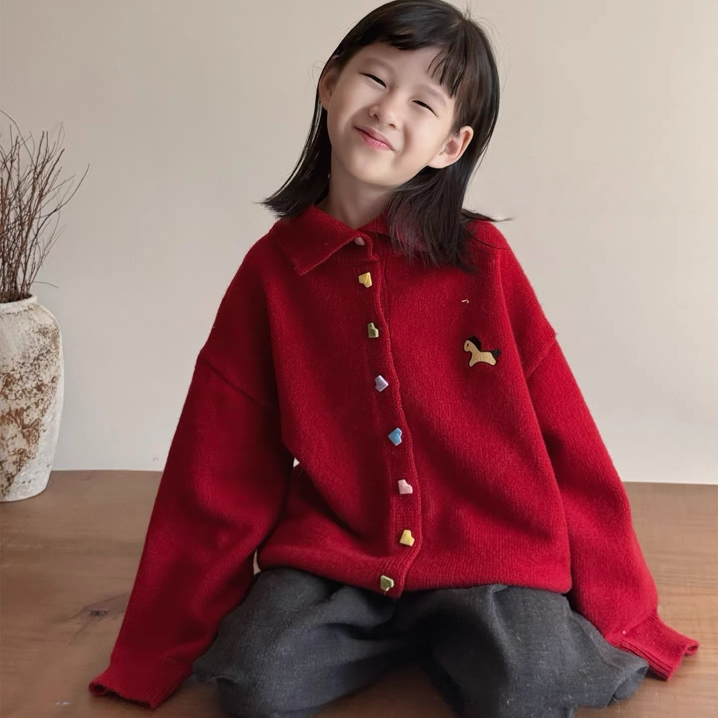 女童秋冬新款韩系卡通小马毛衣中大童女孩甜美彩色纽扣针织衫9-15