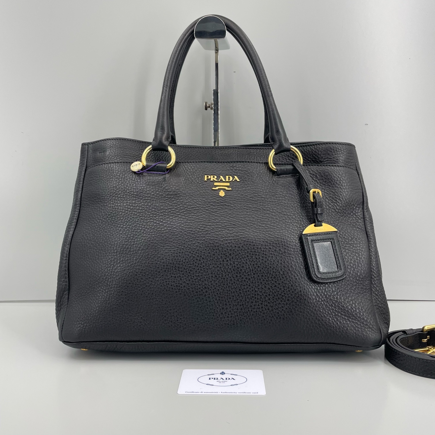95新 Prada/普拉达 优选/黑金荔枝纹全皮手提包白标31/37×24×19