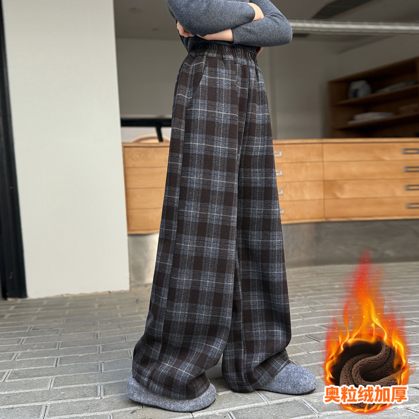 女童加绒格子阔腿裤冬季新款中大童时尚一体绒长裤5-13岁中小学生