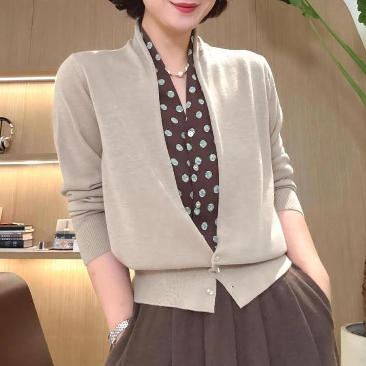 2025新款波点拼接假两件V领开衫秋季上衣中年妈妈设计感长袖衬衫