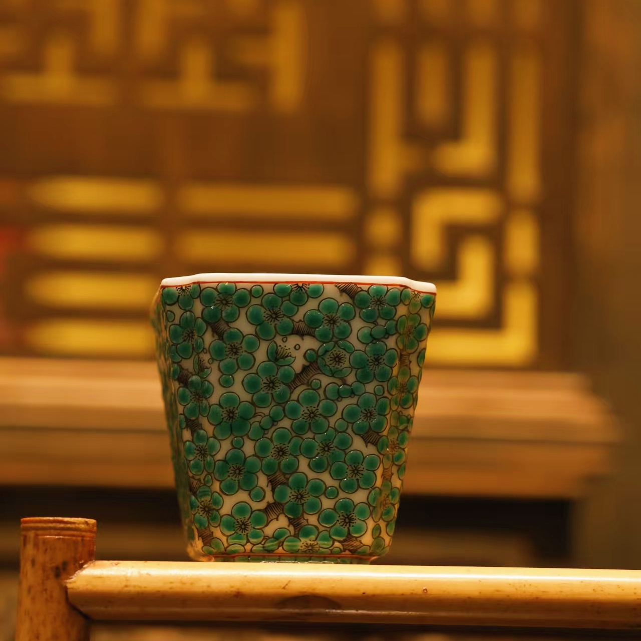 古阅和风·绿梅四方杯景德镇陶瓷纯手工手绘茶具茶器