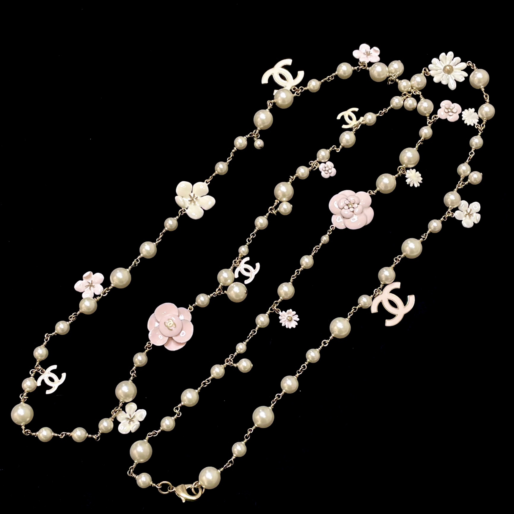 95新 Chanel/香奈儿 10A粉珐琅花花珍珠长项链 RB3025026 