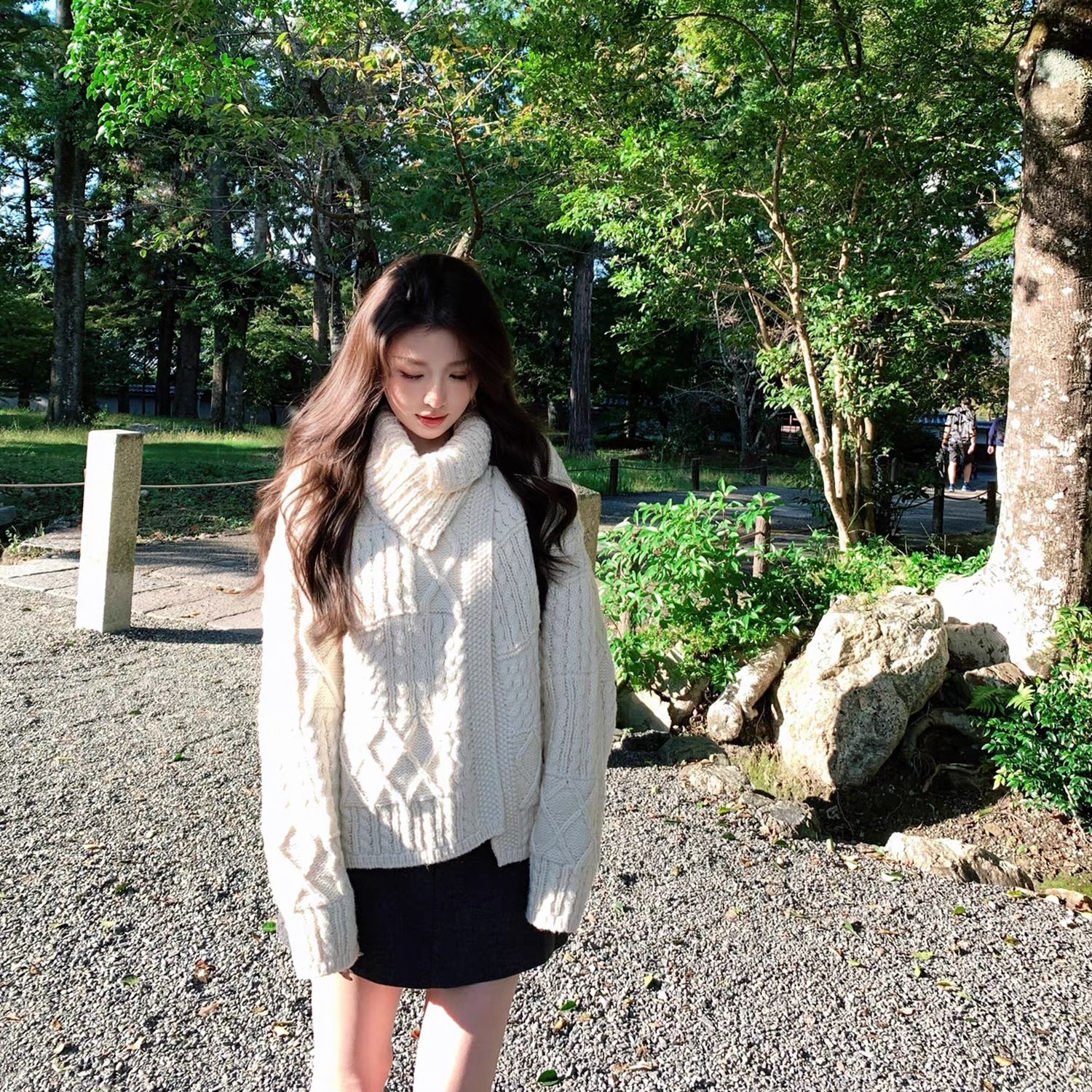 重工绞花翻领慵懒麻花毛线衣女秋冬外搭毛衣外套#8492