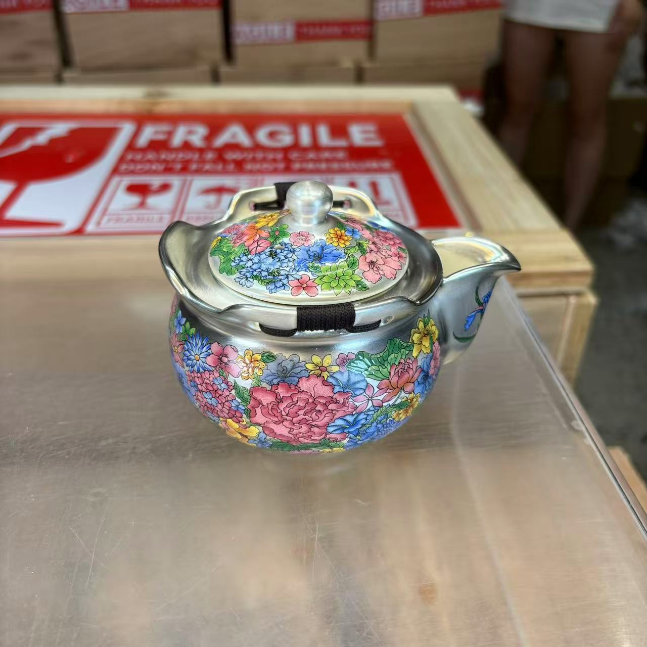 秋香茶具 珐琅彩满花手抓银壶-6366-0824