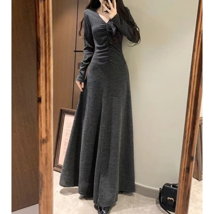 [胖鹅张]法式气质V领褶皱长袖连衣裙#9911[实物以直播间展示为准]