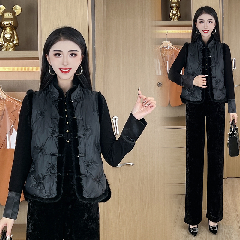 新中式国风拼接水貂毛时尚百搭马甲套装女2025春季新三件套#DY201