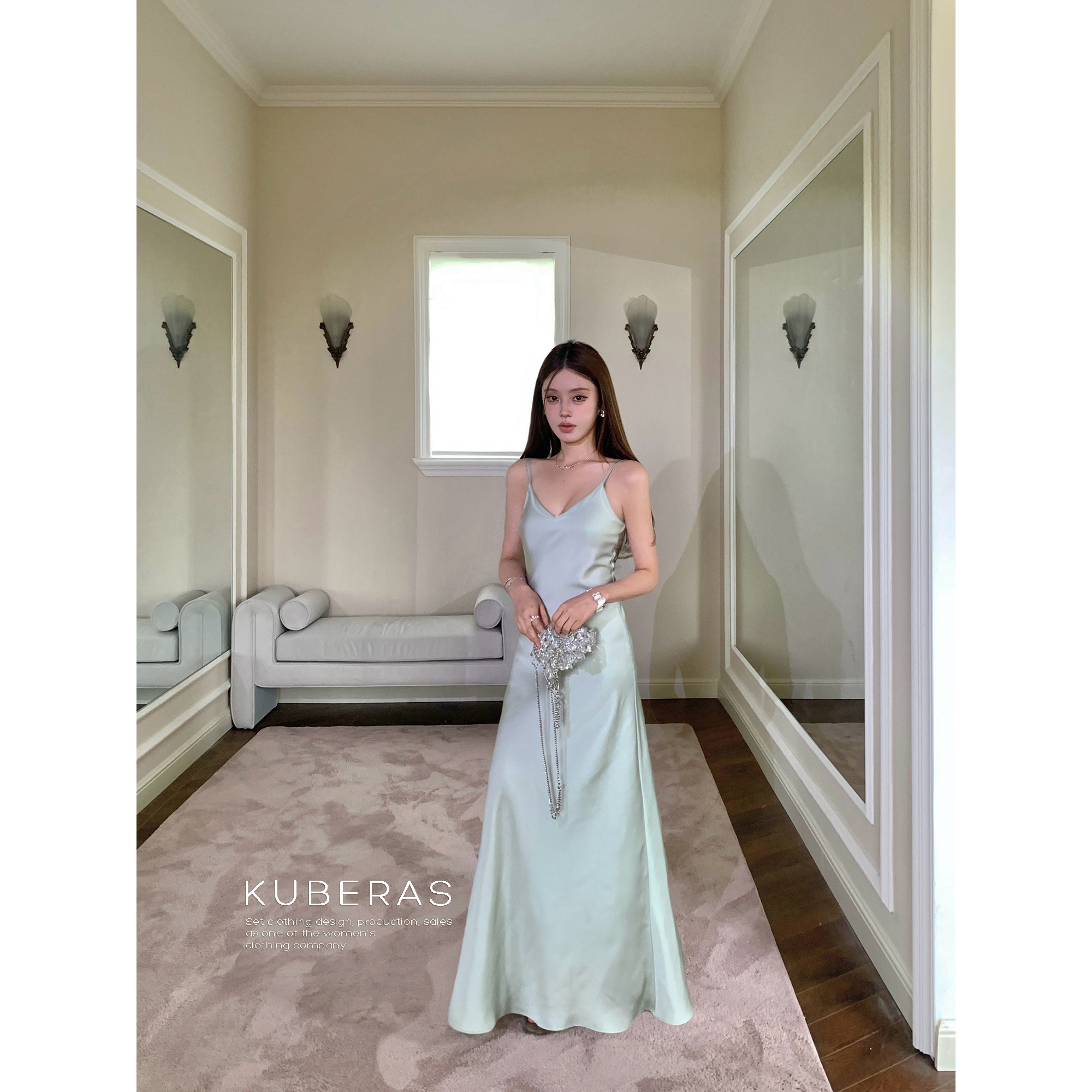 KUBERAS 简约高级感缎面纯色长款V领收腰连衣裙修身显瘦A字长裙