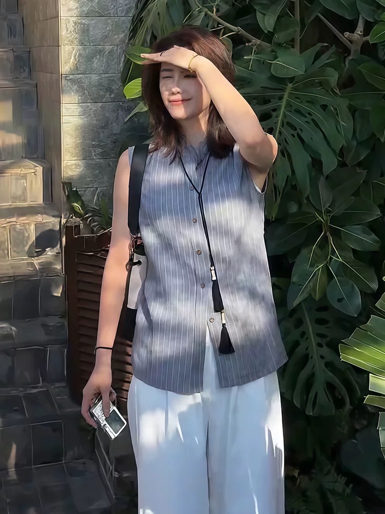 8983 无袖衬衫夏季新款韩版时尚气质翻领宽松显瘦休闲条纹纯色