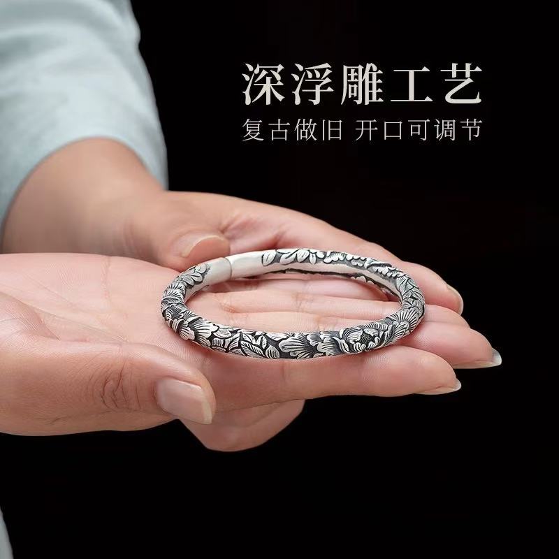 足银手镯 牡丹花手镯开口复古深浮雕工艺足银手镯