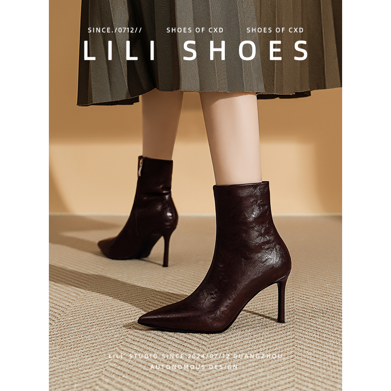 真皮高跟短靴女2025年秋冬新款法式尖头细跟小众气质短筒瘦瘦靴子