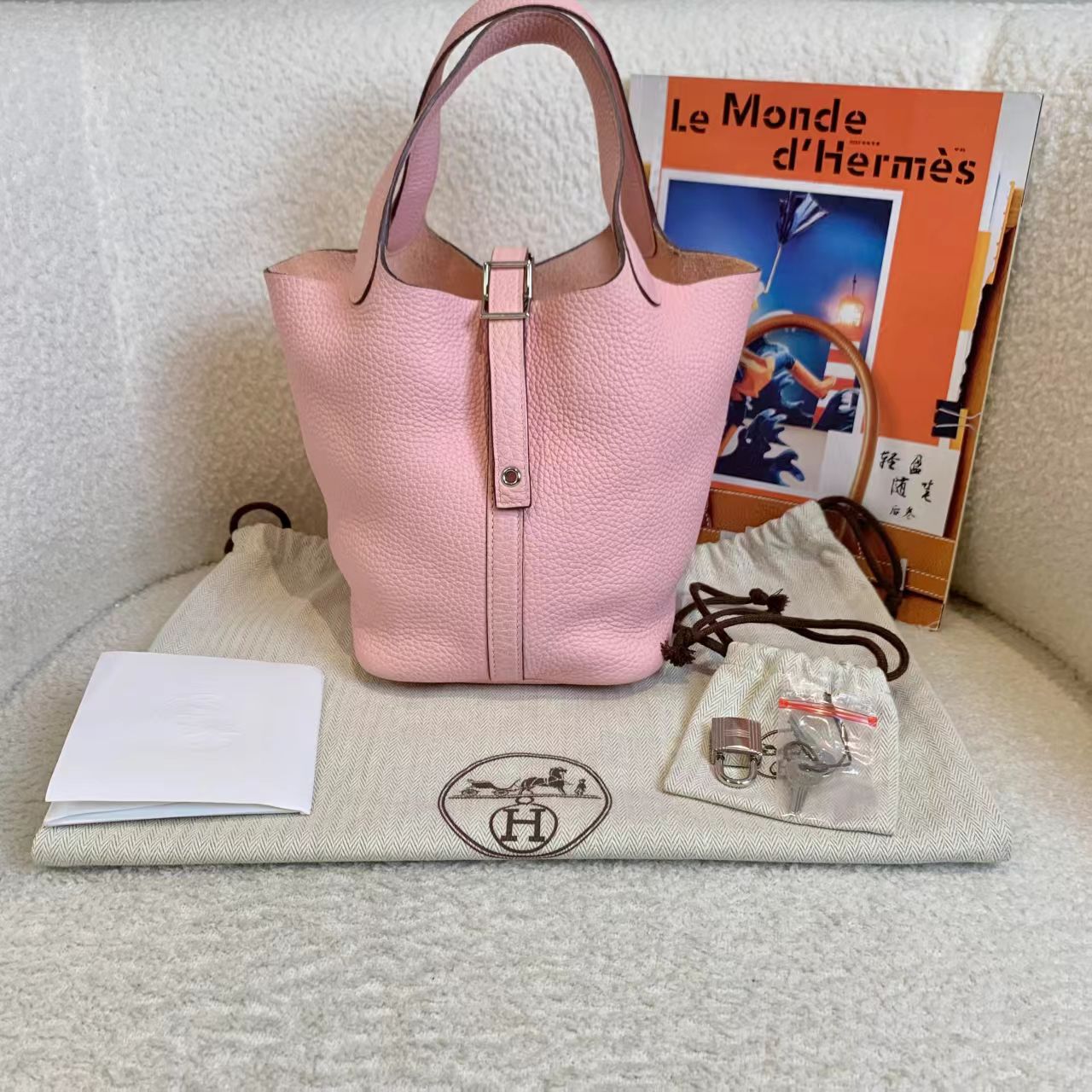 99新 Hermes/爱马仕 壹臻/樱花粉银扣菜篮子18 U刻 tc 72665553