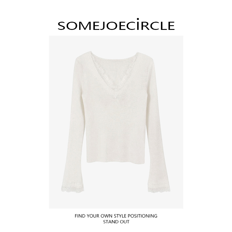 【DZ】SOMEJOECIRCLE【羊毛】设计感蕾丝拼接V领内搭针织衫上衣Z7589