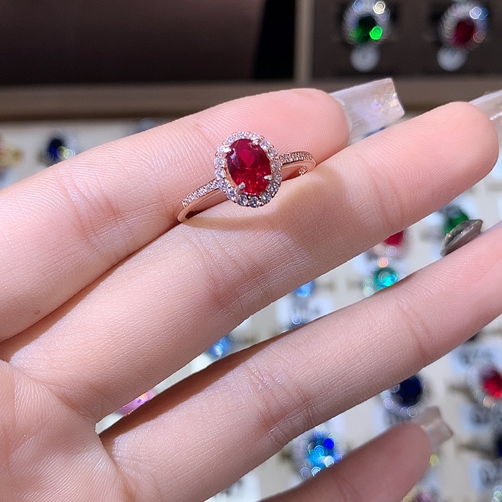 戒指银S925镶嵌红宝石酒红玫瑰金57