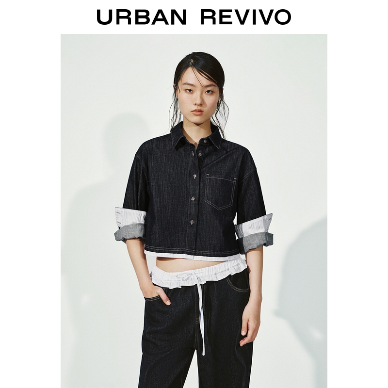 UR2025冬季新款女装休闲翻领条纹边短款牛仔衬衫UYL850246+