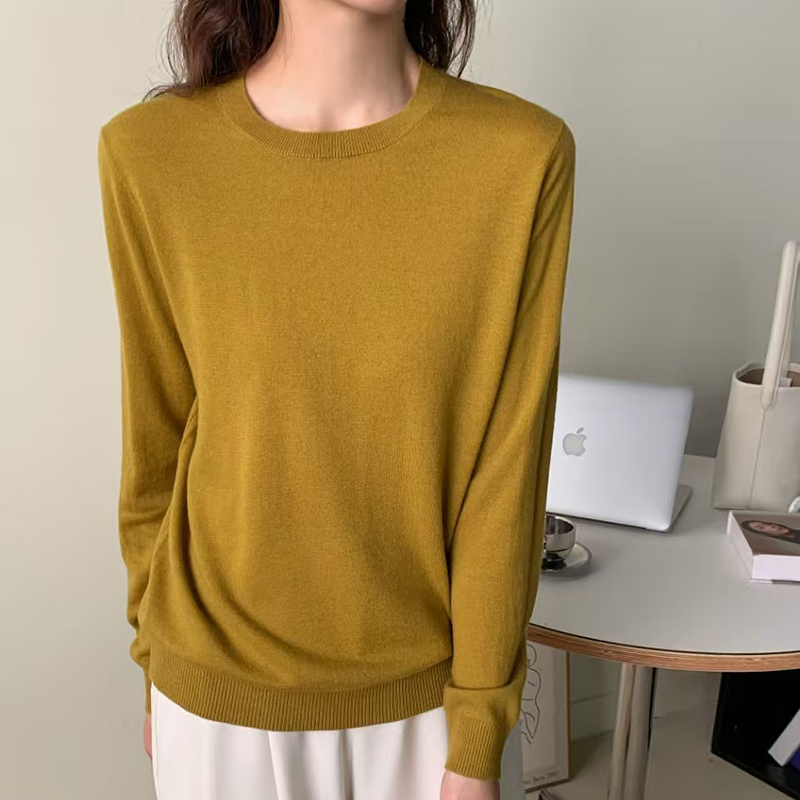 圆领超细美丽诺羊毛衫女100纯羊毛纯色百搭针织衫套头衫薄款毛衣