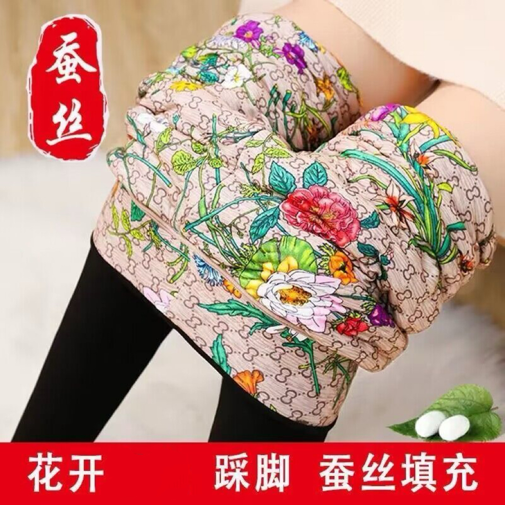 花开格子女士蚕丝裤冬季加厚保暖抗寒高腰打底裤踩脚