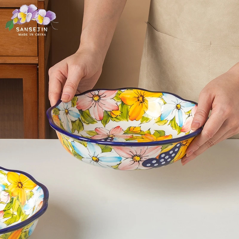 新疆包邮【水仙花】人工手绘釉下彩时尚美观9英寸大汤碗