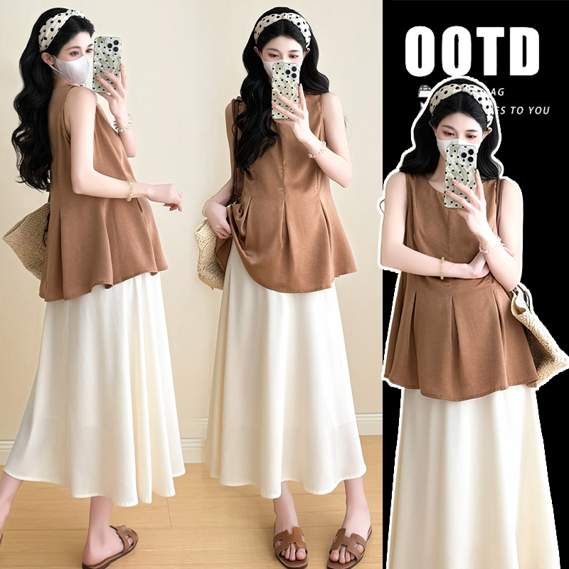 【梵兮家】孕妇装夏季法式高级感无袖上衣+托腹半身裙减龄两件套