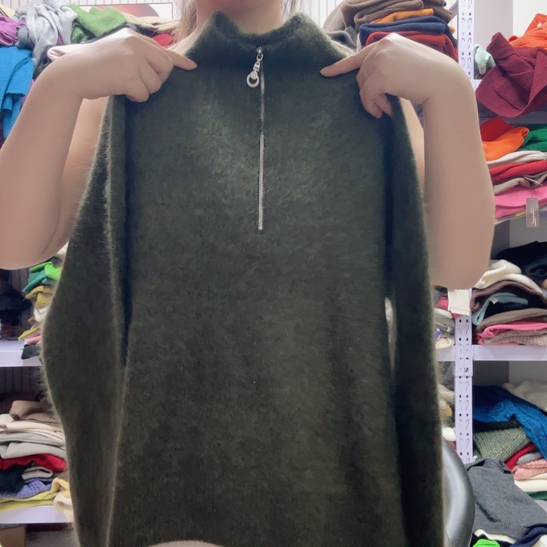 半拉链拉绒绿色山羊绒