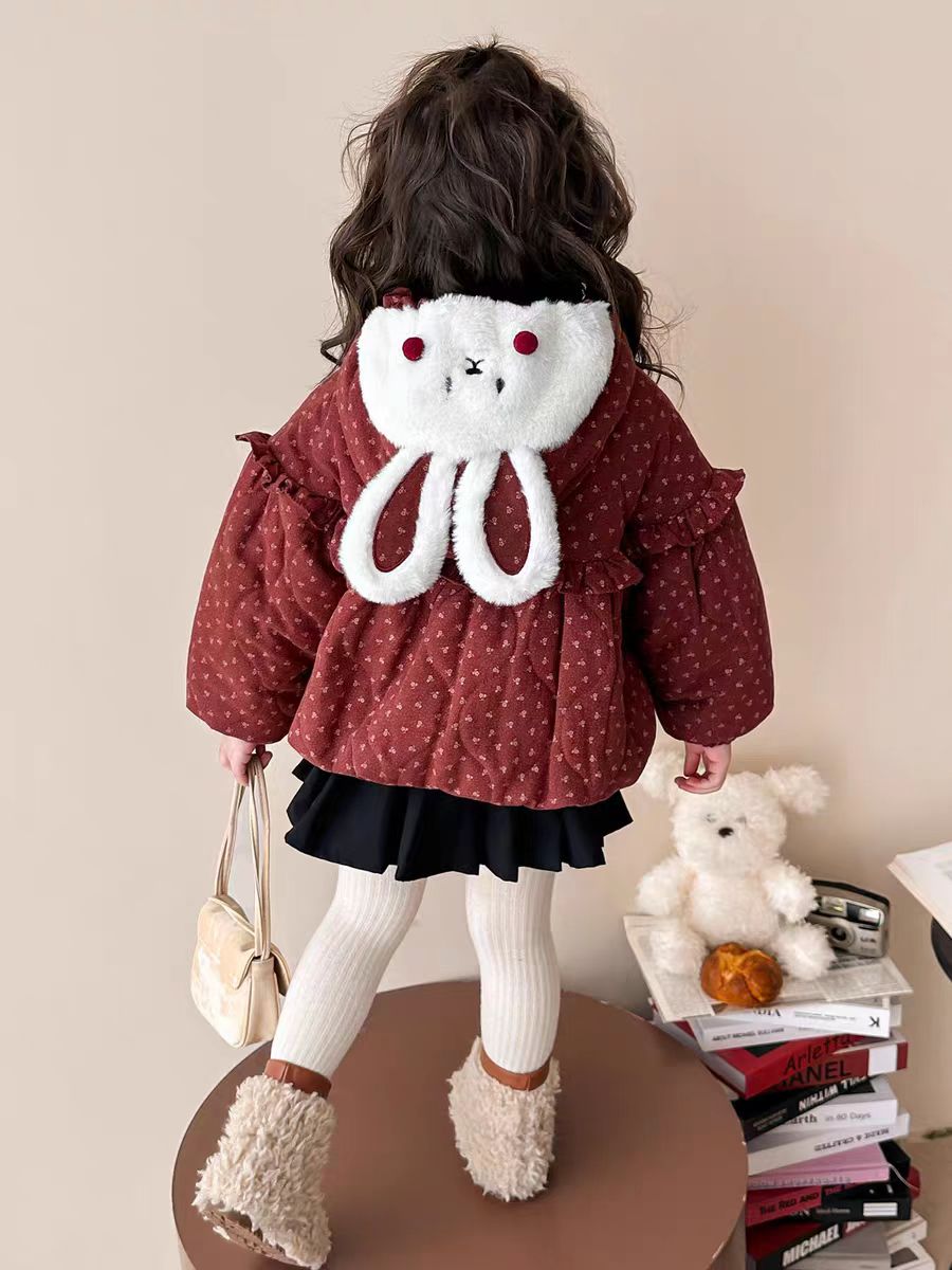 女童加绒棉服外套秋冬新款韩版宝宝加厚棉衣洋气碎花兔子棉衣