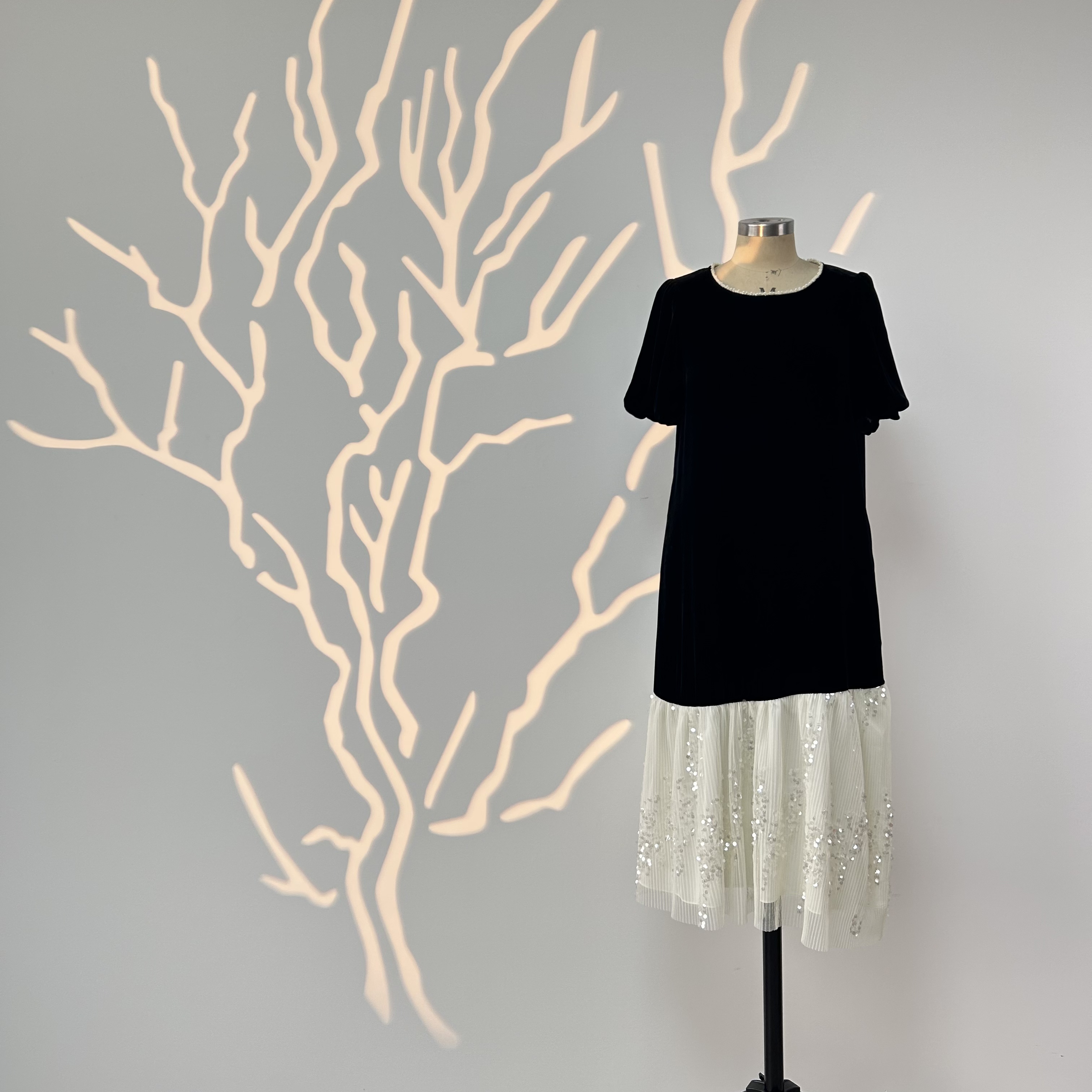 真丝丝绒100%桑蚕丝简约长裙短袖蕾丝气质轻奢