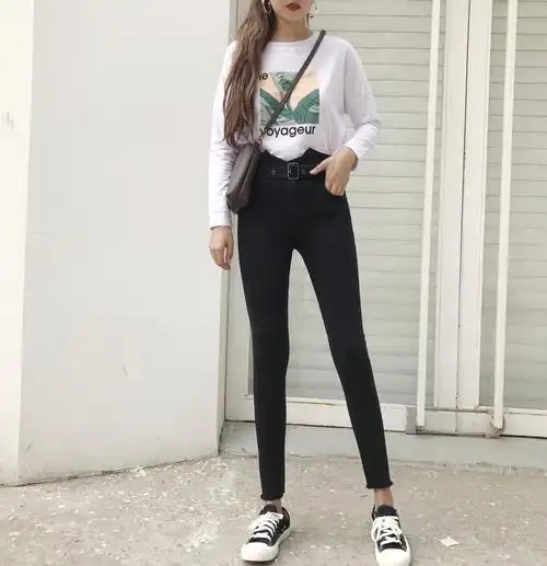 黑色高腰牛仔裤女显瘦小脚裤春夏秋紧身铅笔裤