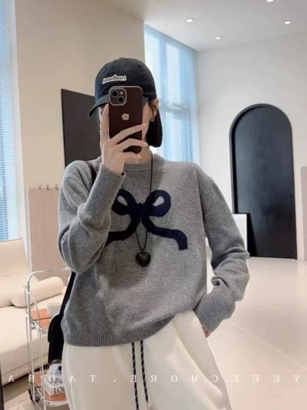 嘉姐家~秋季新款韩版高级灰上衣女针织衫套头长袖蝴蝶结小众（024）