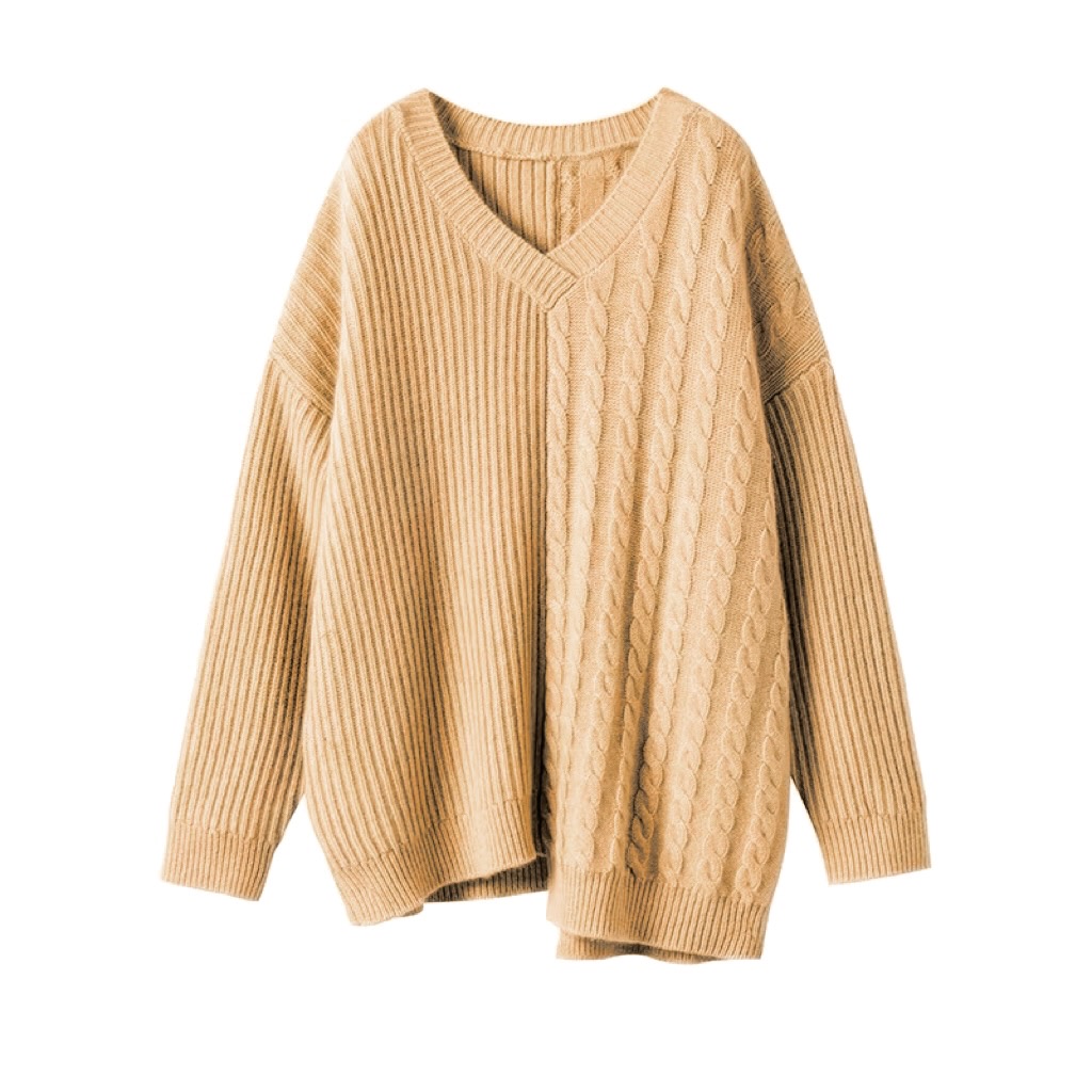 玲姐定制-V领不对称复古麻花纹宽松中长款设计感针织毛衣485017