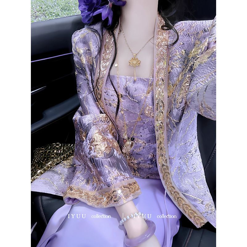 时尚中式国风新款立体浮雕绣花外套刺绣吊带半身裙三件套套装