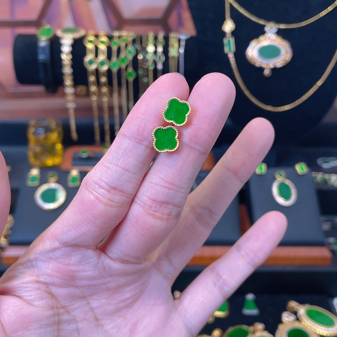 翡翠银S925镀金镶嵌耳饰