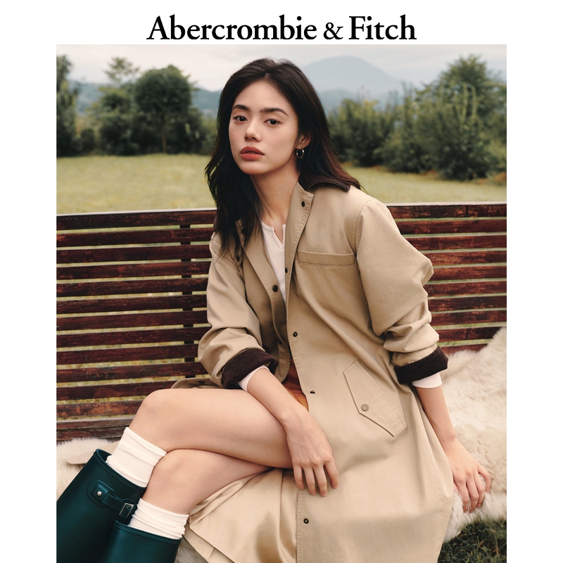 AF女25秋冬新款巴恩风灯芯绒翻领配腰带长款风衣外套KI144-5195