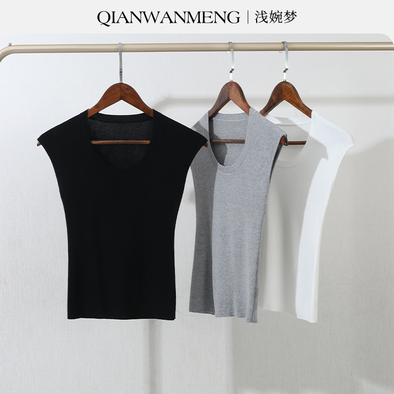 浅婉梦夏季时尚修身圆领凉爽背心女纯色洋气百搭显瘦气质镂空上衣