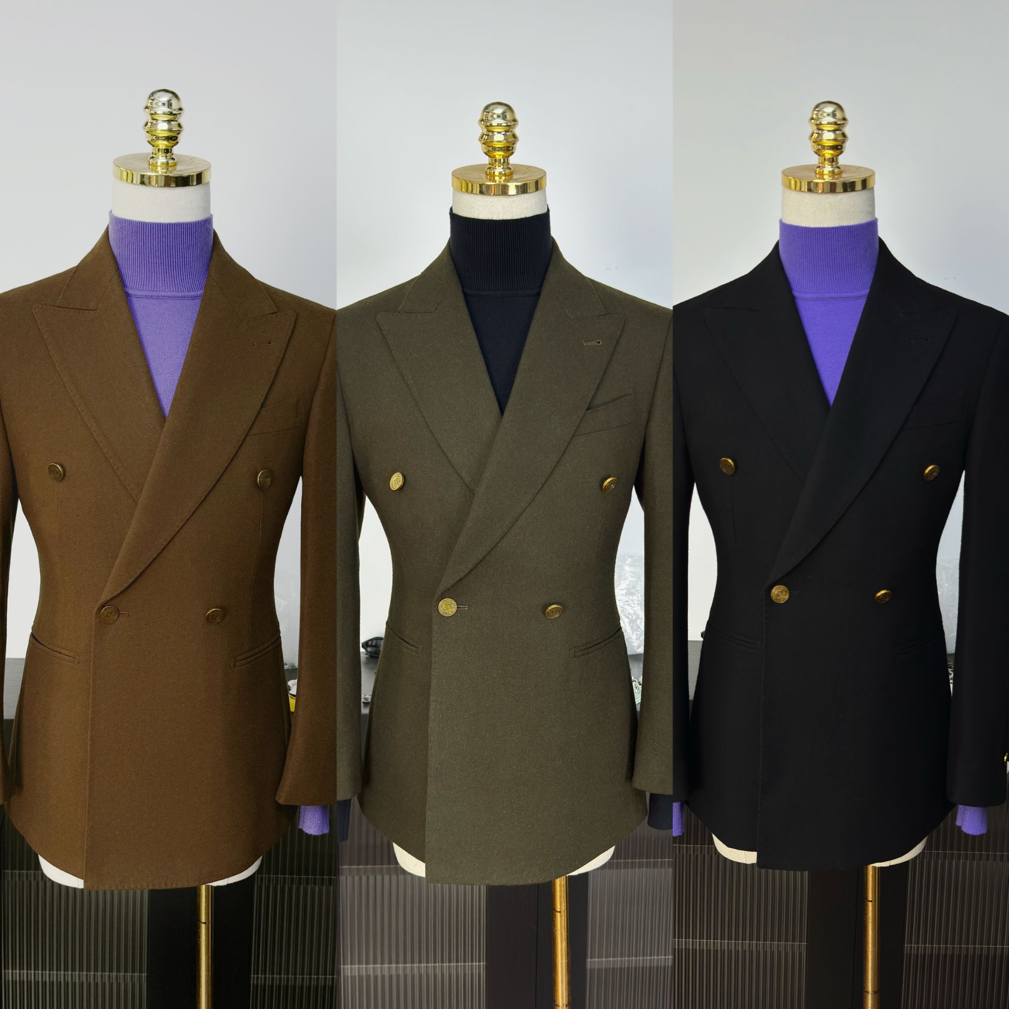 【西蒙曹】-秋冬新款50羊毛布雷泽老派双排四扣一戗驳领修身单西装