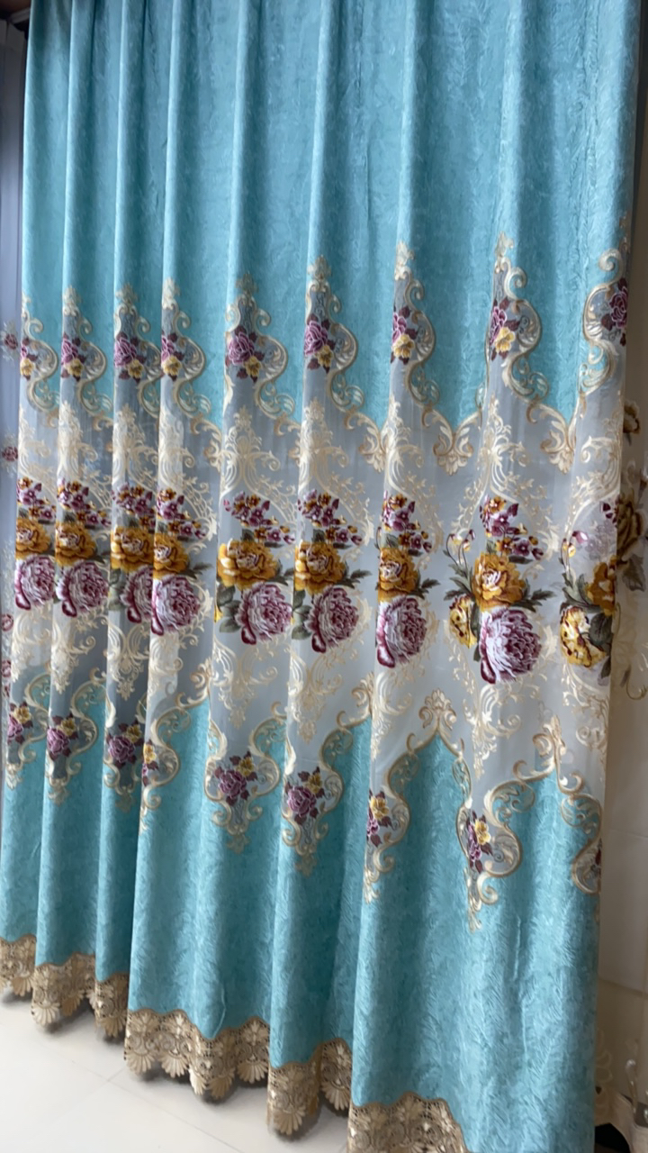 翡翠绿重工刺绣大镂空布帘欧式风格10.5米2套2米高