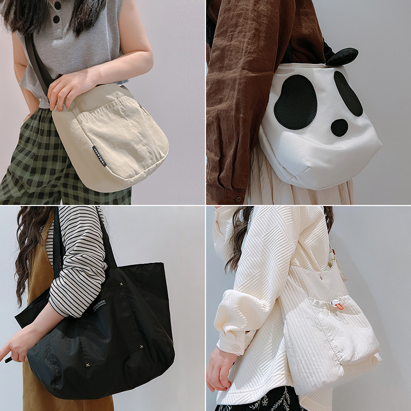 【三色补丁】流浪包 双面大容量托特包 熊猫抽绳挎包 春续米色布袋