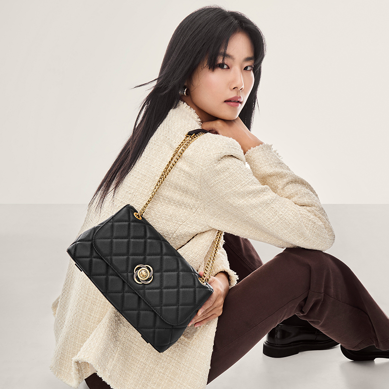 HONGU/红谷时尚包包新款真皮经典小香风女包百搭菱格单肩包中号